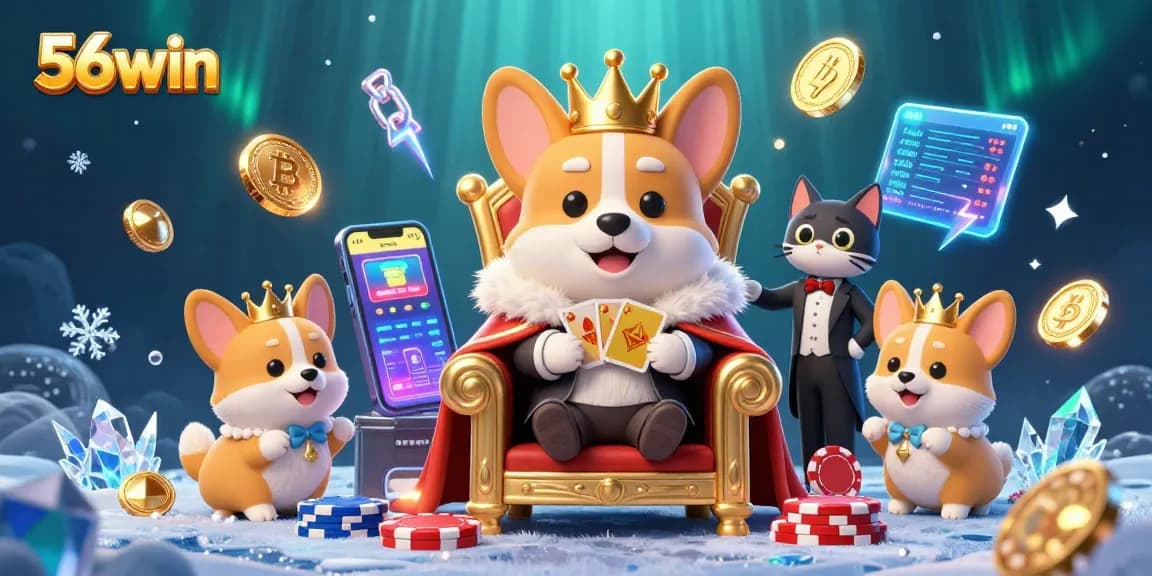 Experience the excitement of 56win with a festive scene featuring a royal corgi and crypto coins.