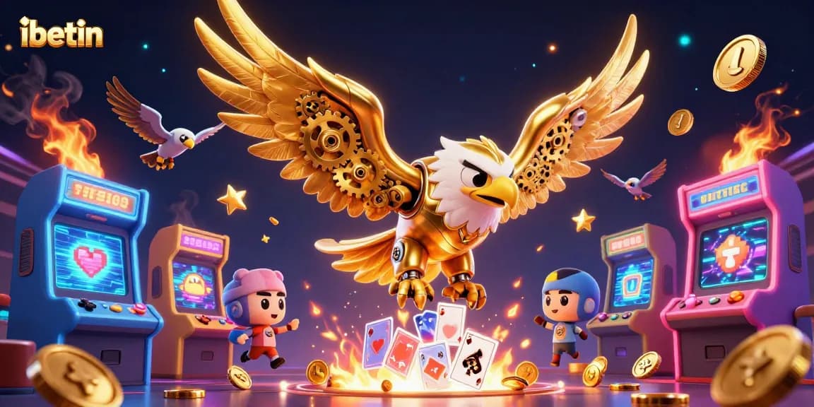 ibetin reveals thrilling bets with a cybernetic eagle soaring through vibrant casino game elements.