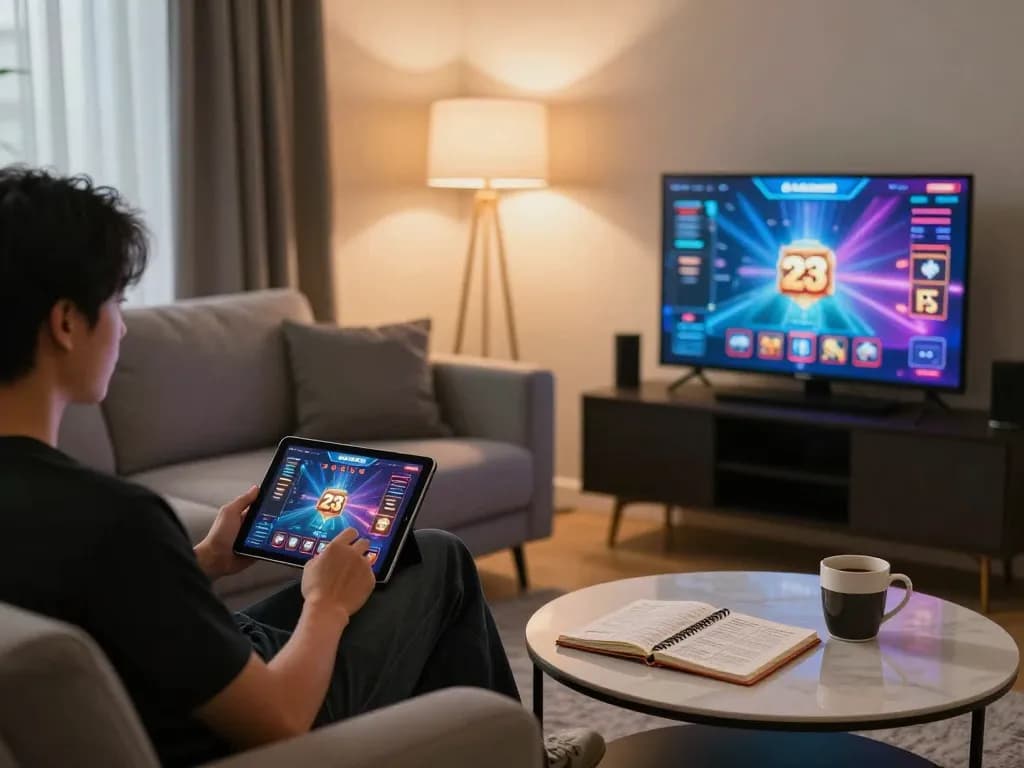 Player enjoying a strategic gaming session with 23win on a tablet in a cozy home setting.