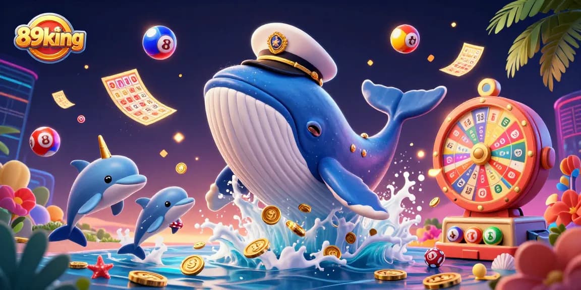 89king offers thrilling games with vibrant visuals, featuring a whale and playful dolphins in a dynamic casino scene.