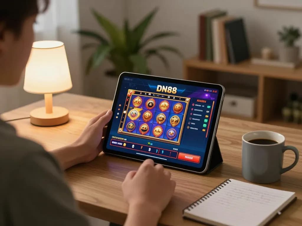Engaged player enjoying DN88 online gaming on tablet in cozy home setting with strategy notes nearby.