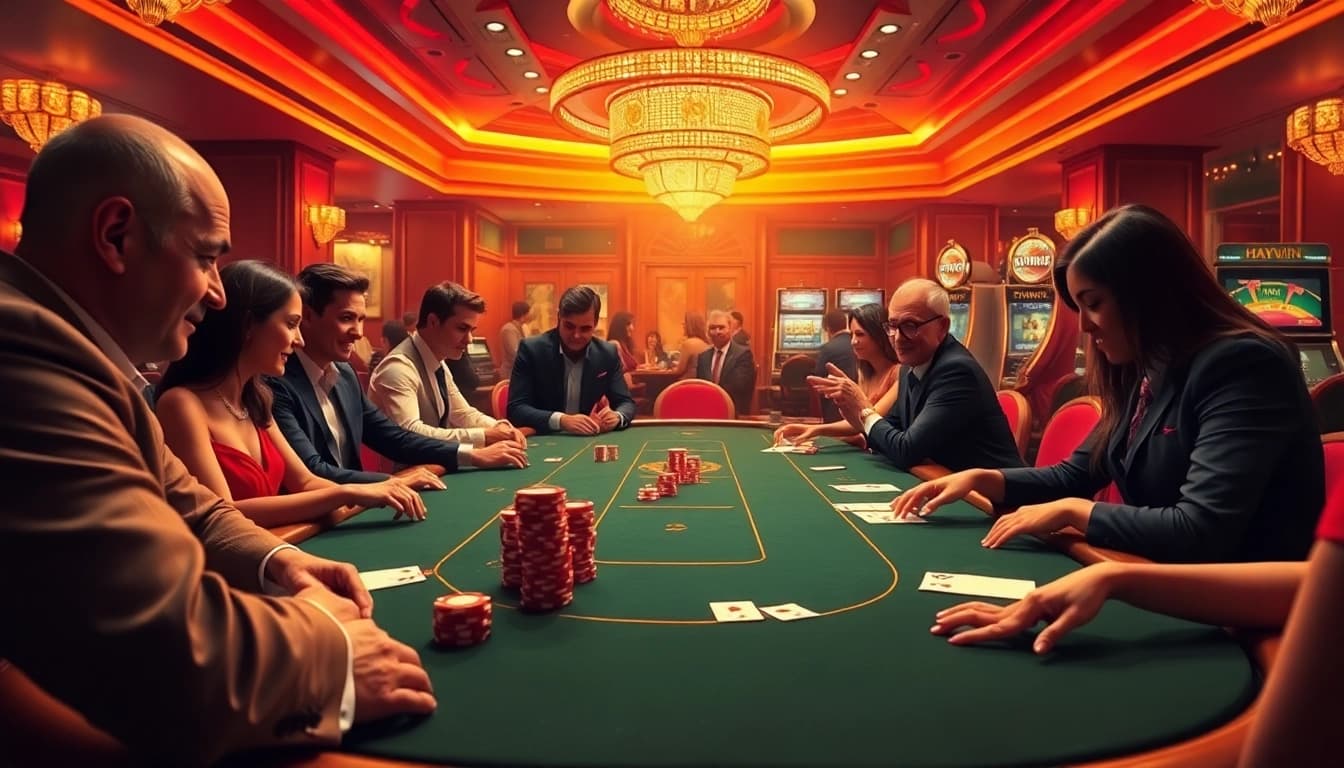 Players enjoying a thrilling game at Haywin casino poker table, highlighting excitement and strategy.