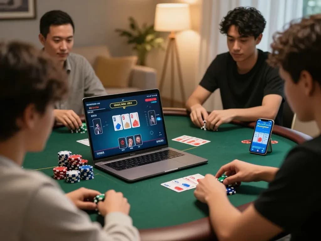 Nohu90 players engaged in intense online poker game with focused expressions and betting strategies visible.