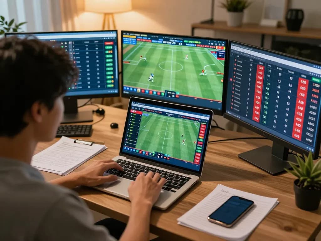 Engaging in strategic bets on Keo nha cai 5 with football odds displayed on multiple screens.