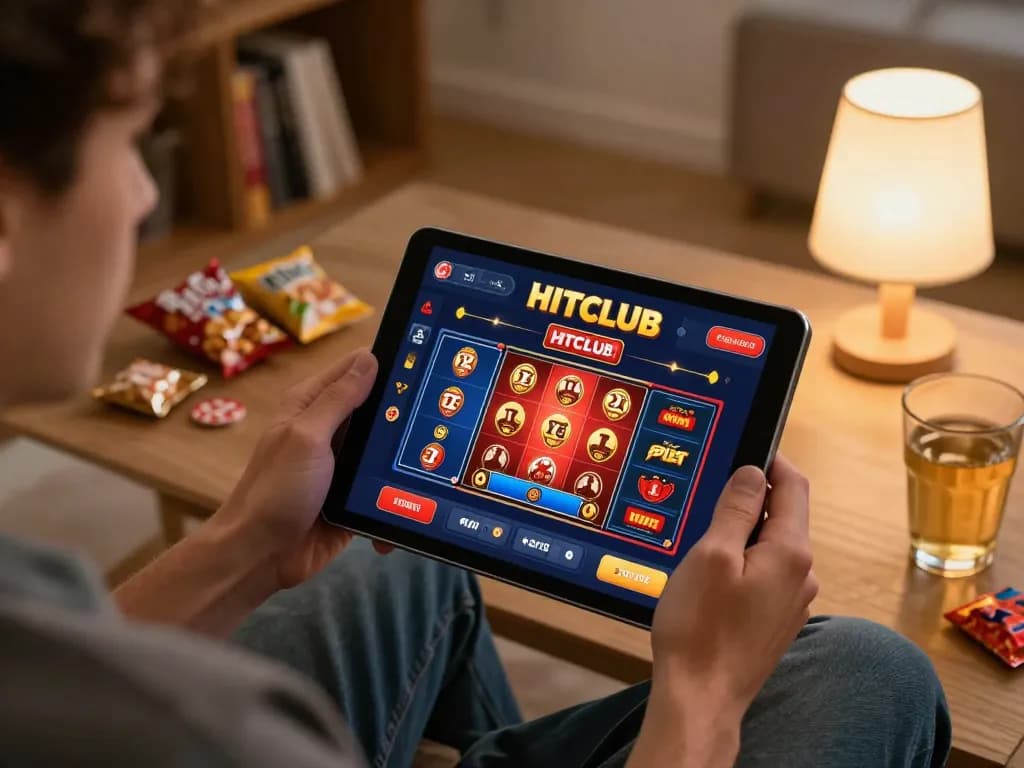 Engaged player gaming on the HITCLUB web platform, showcasing various online casino games in a cozy home setting.