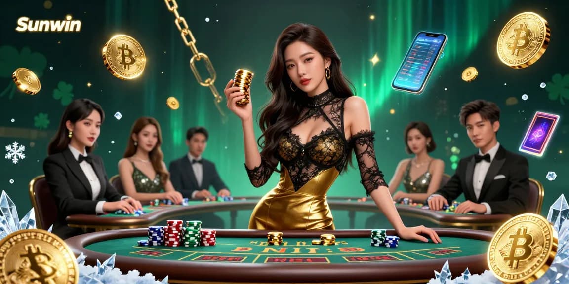 Play exciting casino games at Sunwin with high-value chips and glowing cryptocurrency elements.