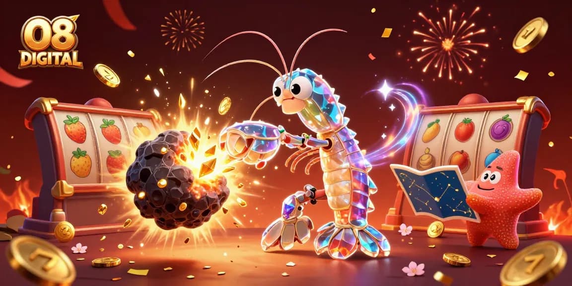 Experience thrilling wins at O8 DIGITAL with a galactic samurai mantis shrimp and vibrant slot reels in a casino adventure.
