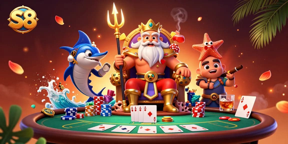 Catch the action at S8 casino with Neptune and poker elements in this vibrant illustration.
