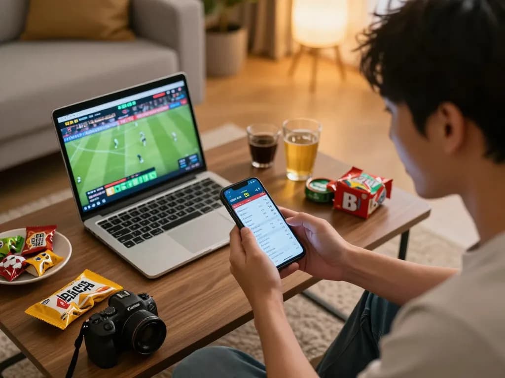 Engaging user analyzing kèo nhà cái 5 odds on smartphone while enjoying a sports game at home.