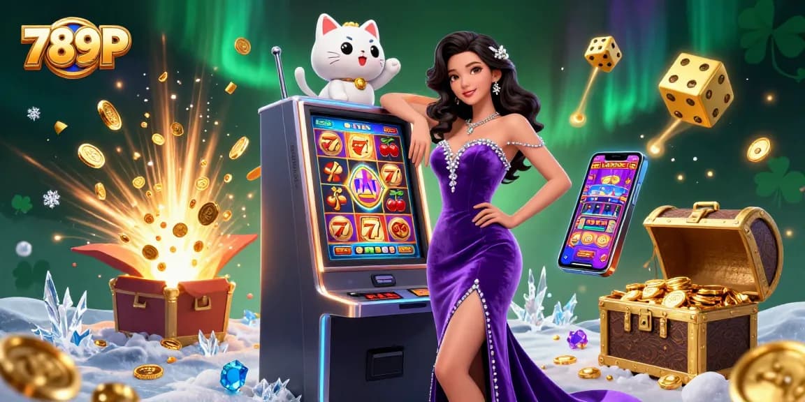 Experience thrilling jackpots at 789P, with vibrant casino atmosphere exploding with coins and good luck charms.