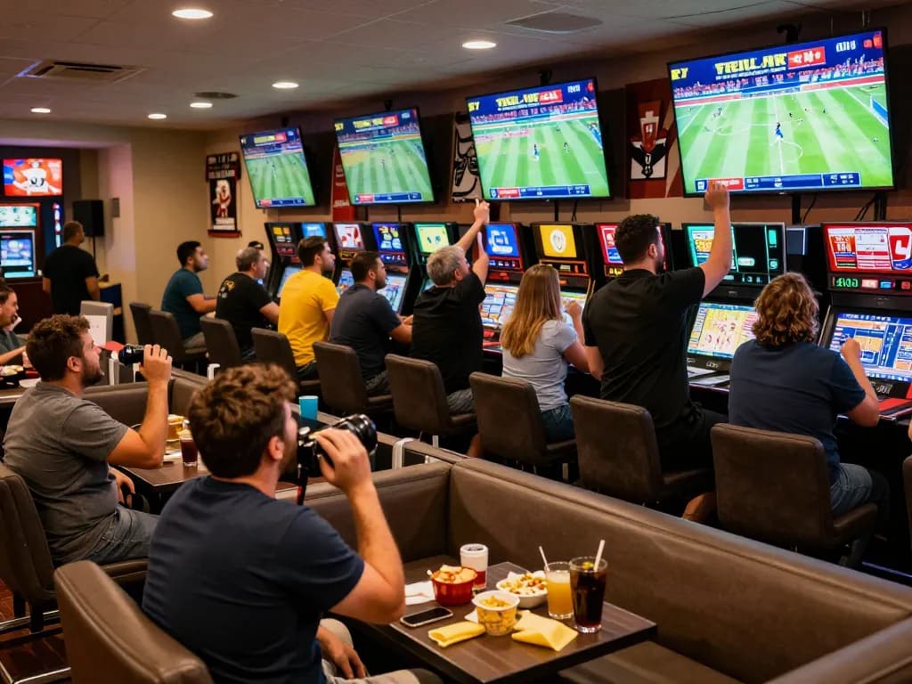 Sports enthusiasts engaging in dynamic betting at ok365 live sports lounge with screens displaying odds.
