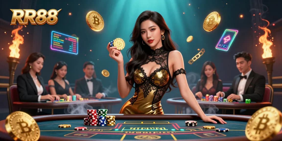 Engage in exciting gambling at RR88 with a glamorous dealer showcasing high-value casino chips.
