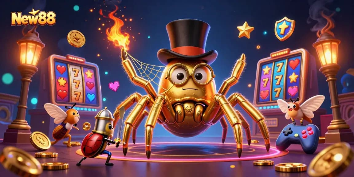 Experience New88's gaming universe in a vibrant 3D casino scene filled with golden elements and animated characters.