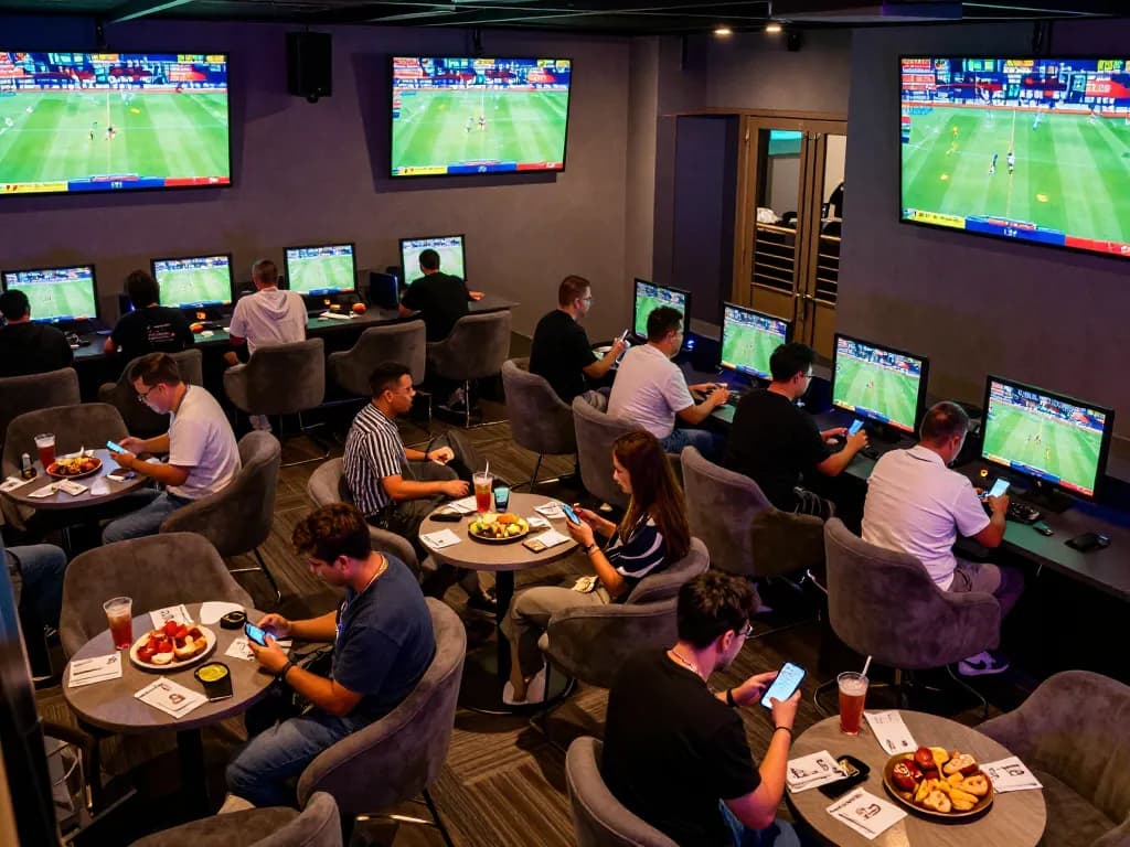 Live sports betting atmosphere at LV88 with excited bettors analyzing odds and placing wagers