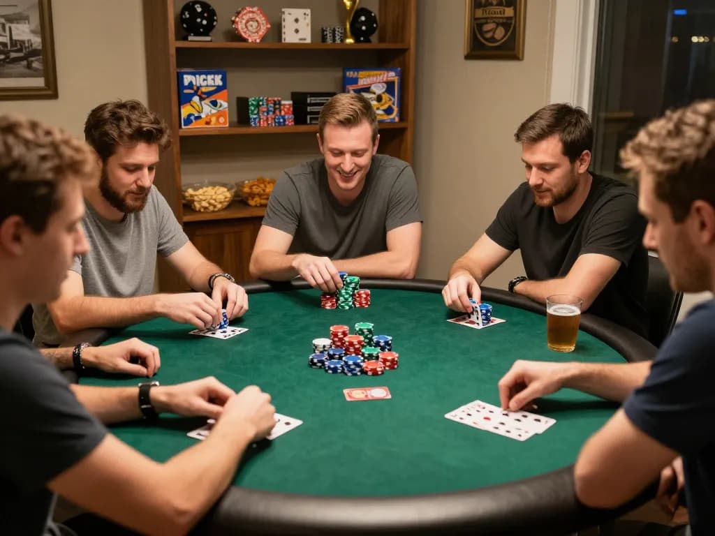 Friends engaging in poker at home, capturing the essence of strategy and fun in a friendly atmosphere involving tylekeonhacai88.