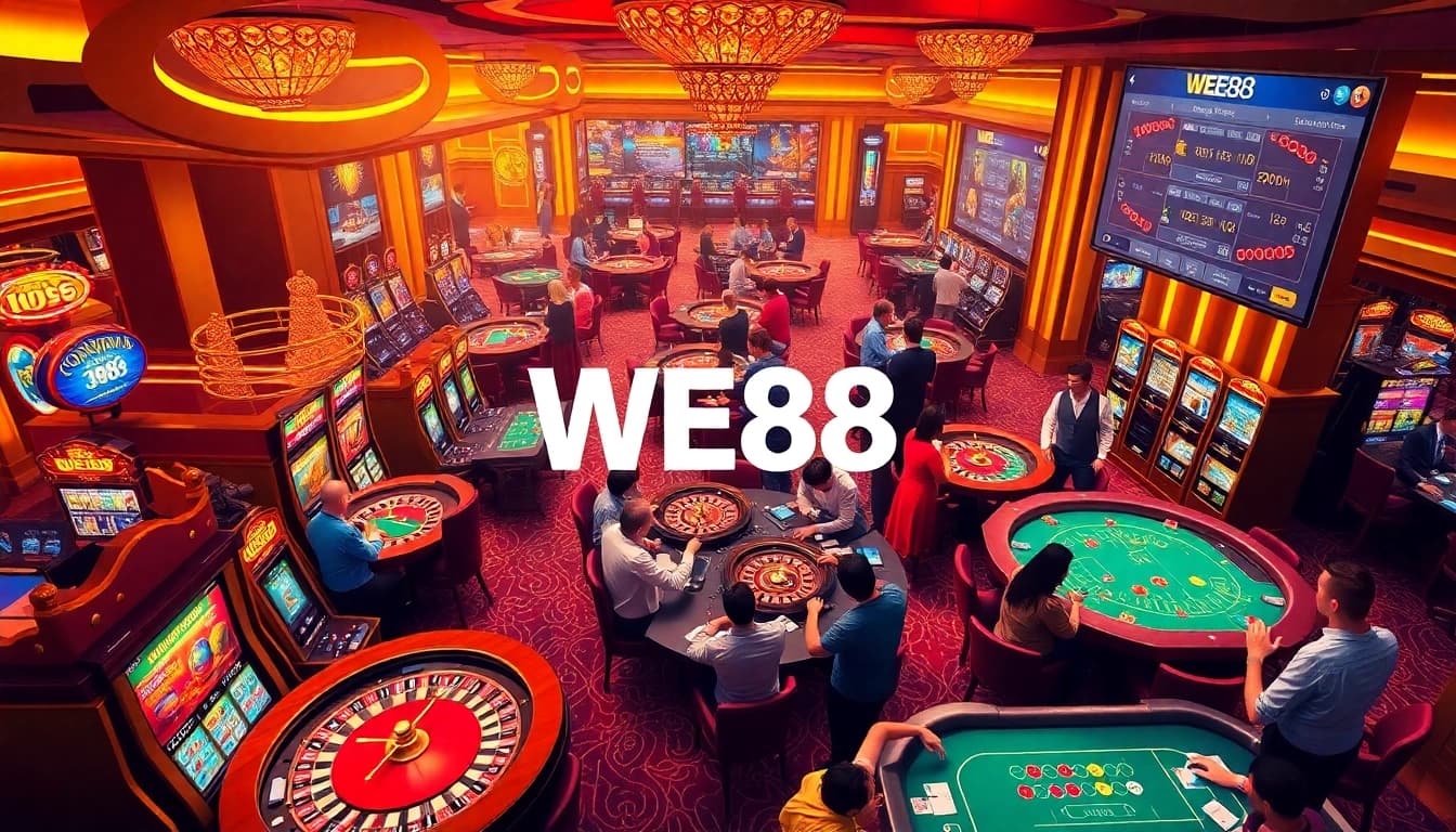 WE88 casino players enjoying thrilling games at vibrant tables and slot machines.