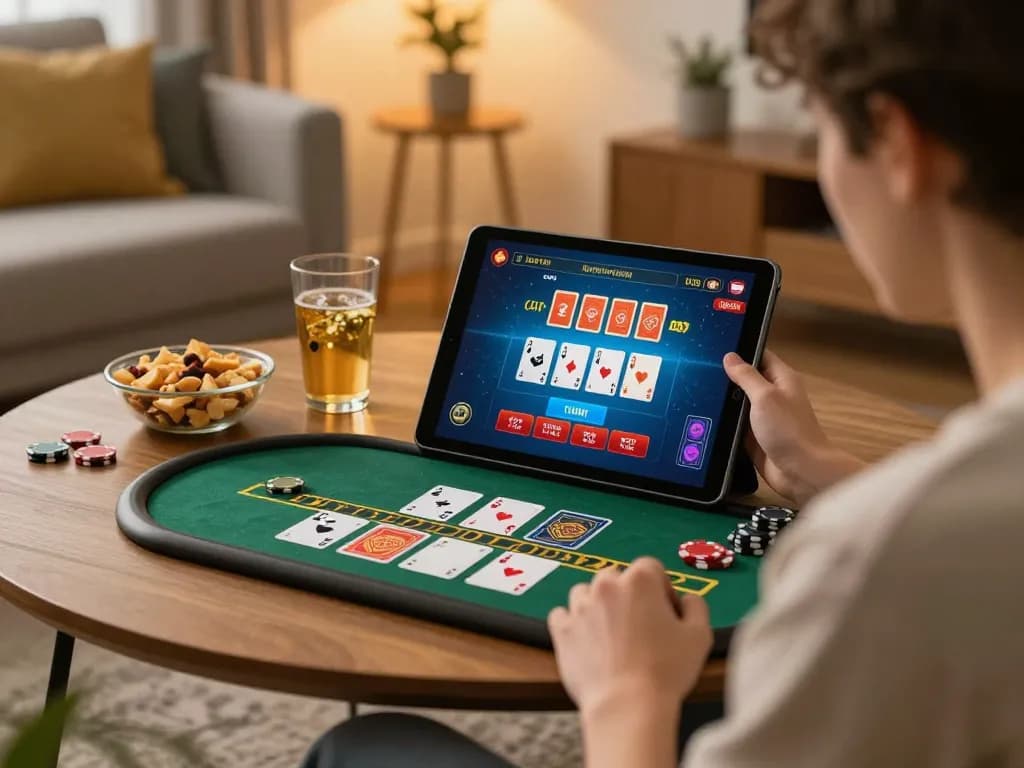 Player immersed in an online GK88 blackjack game, showcasing vibrant casino interface at home.