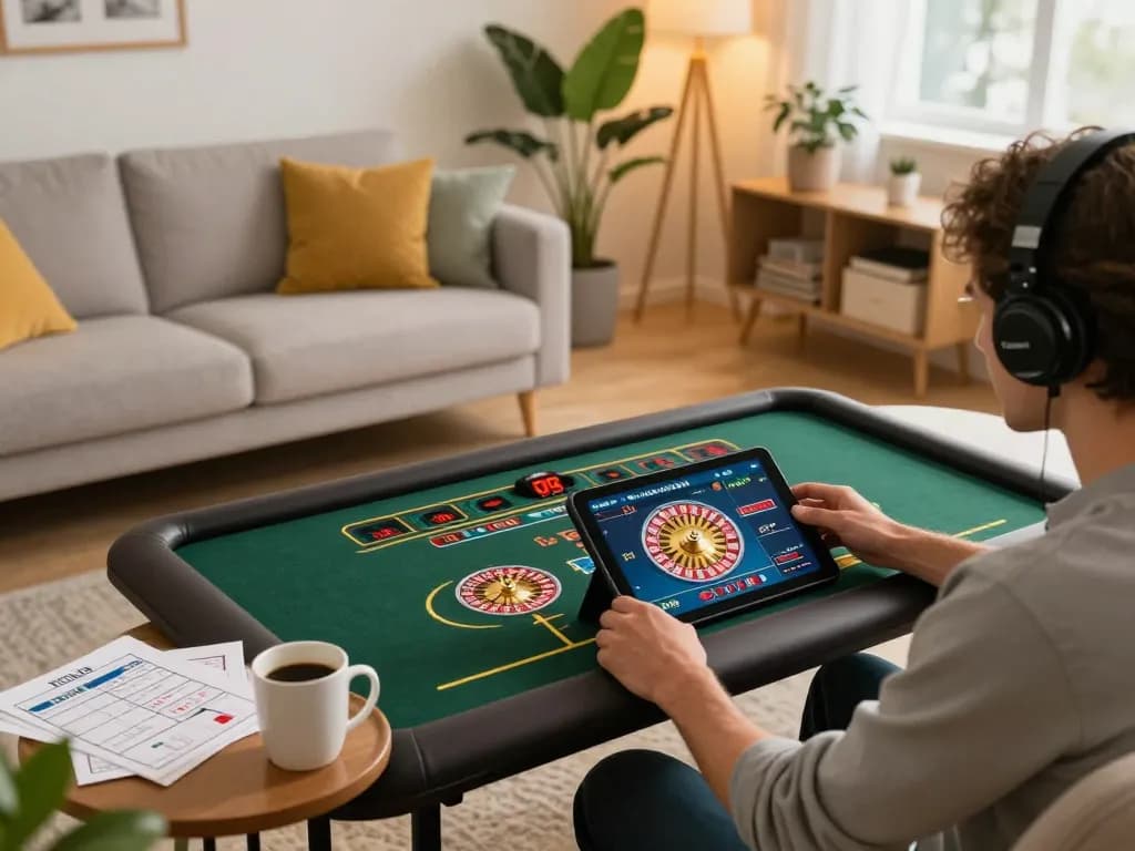 KUBET player enjoying live dealer roulette on tablet in cozy home setup.