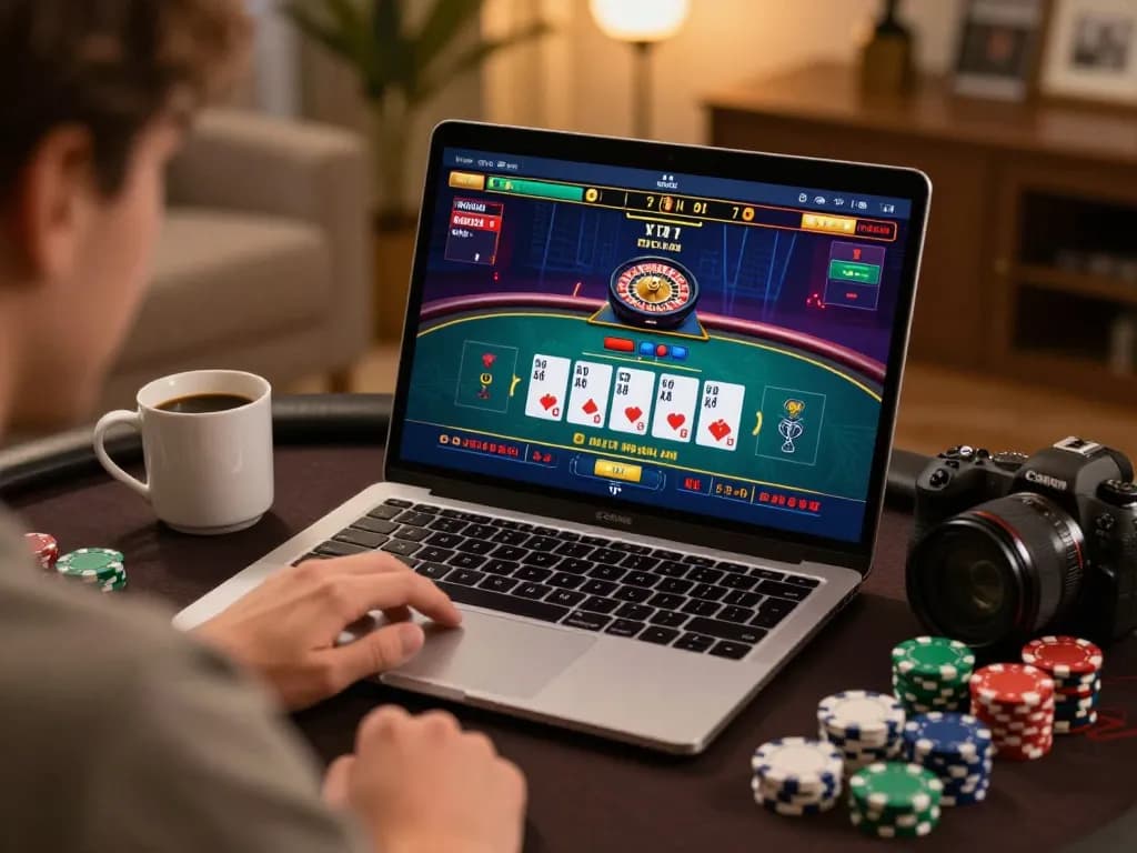 Player enjoying tablepremierr's live dealer games on a laptop, engaging with a vibrant roulette interface.