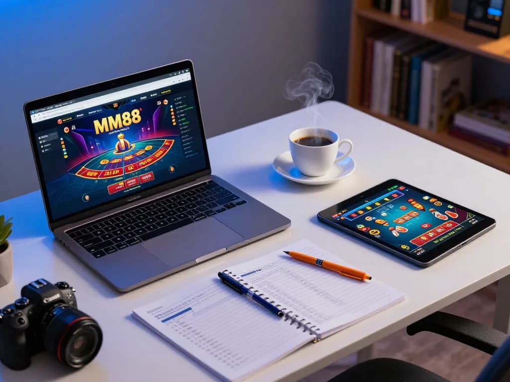 Engaging user interfaces on MM88 casino app showcased at a stylish home gaming desk.