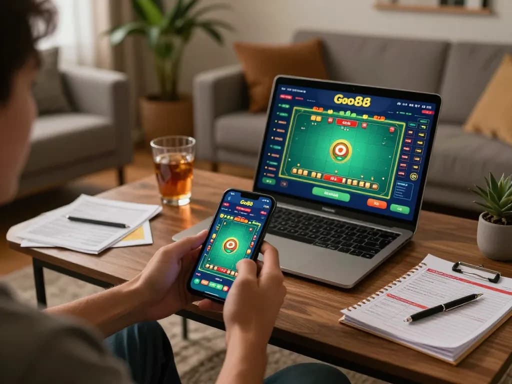 Engaging player using Go88 tài xỉu app on smartphone in a cozy home setting