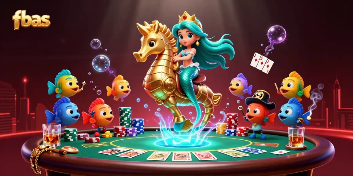 Experience exciting gameplay at fbas with a vibrant 3D casino scene featuring mermaids, poker elements, and magical creatures.