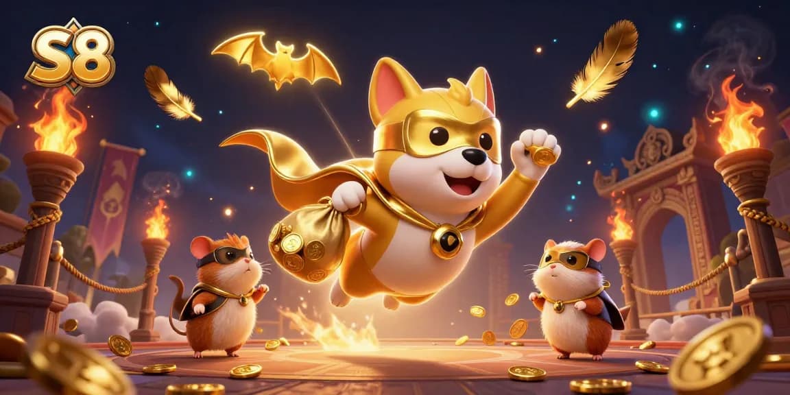 S8 brings exciting gameplay to life with a superhero dog and golden coins flying in a richly detailed scene.