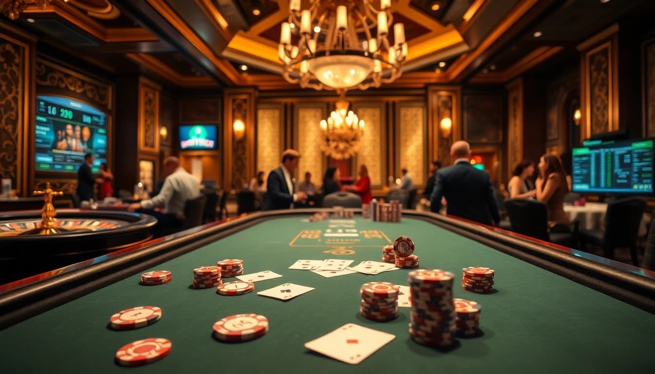 Exciting poker action at a may88 casino table with vibrant chips and cards, showcasing high-stakes gameplay.