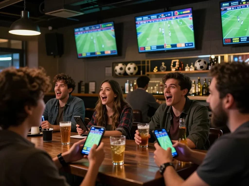 Engaged sports fans using mobile apps for footballresults while watching live matches in a lively bar.