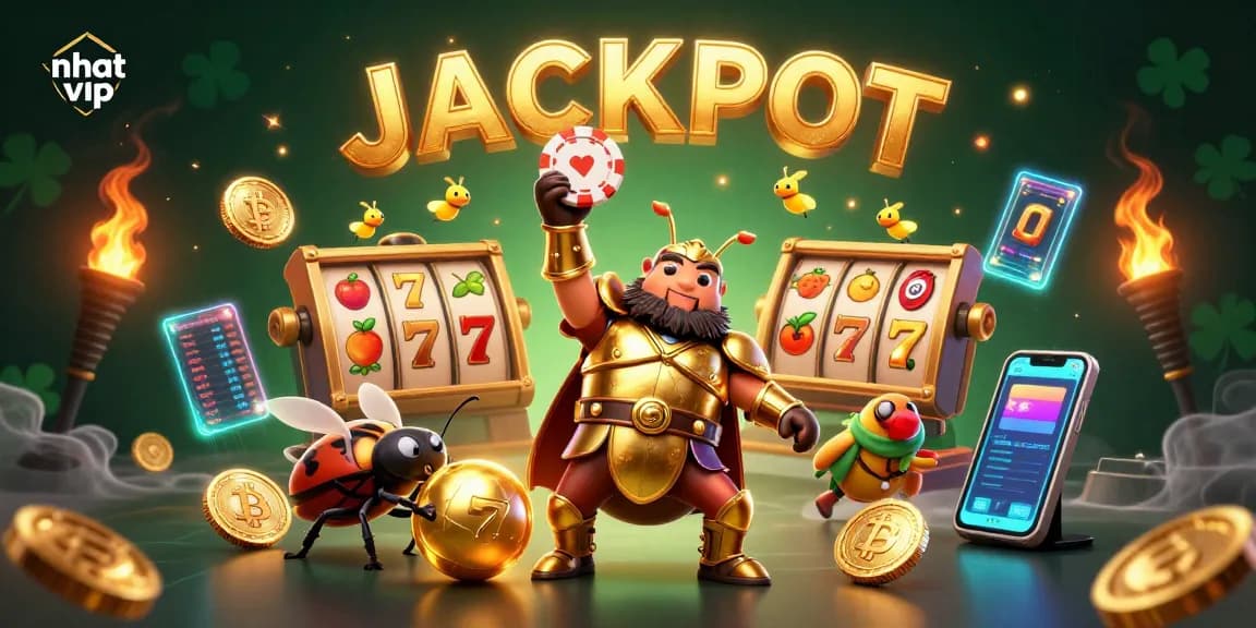 Experience thrilling wins with Nhat VIP, featuring a victorious beetle amidst jackpot symbols.