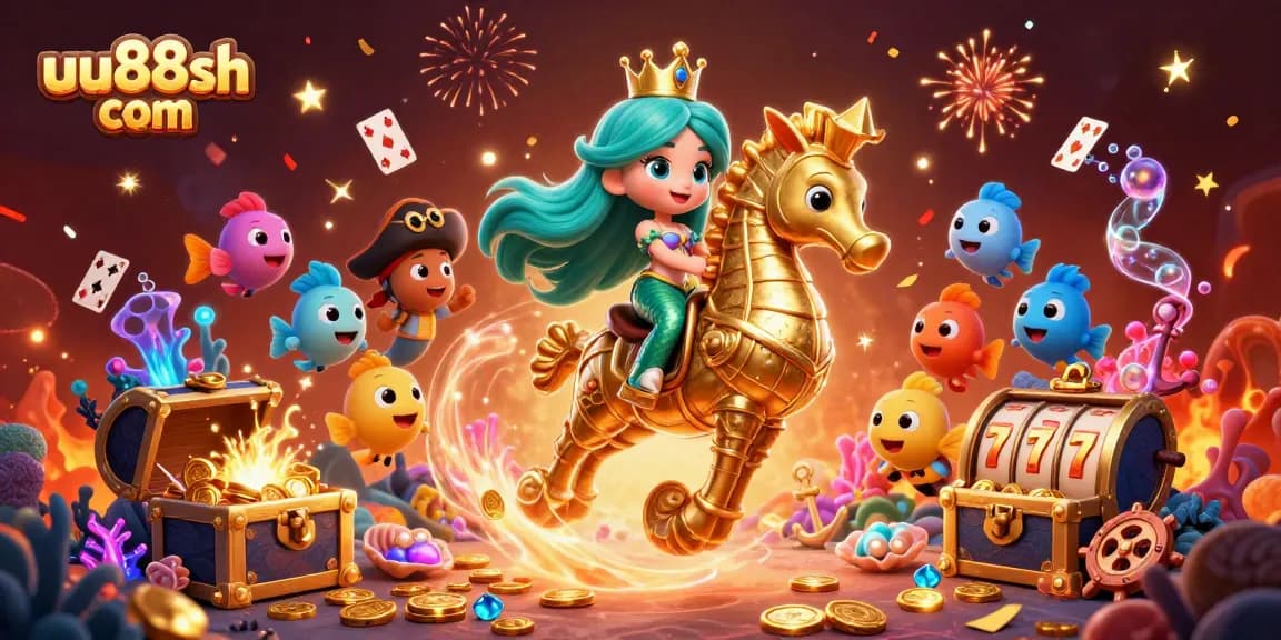 Win big with uu88sh com as the mermaid princess rides a majestic seahorse amidst a treasure-laden undersea world.