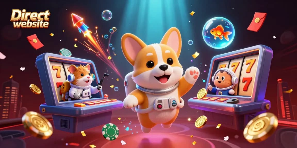 Engage in thrilling slots gameplay with the Direct website's dynamic 3D casino scene featuring a playful astronaut corgi.