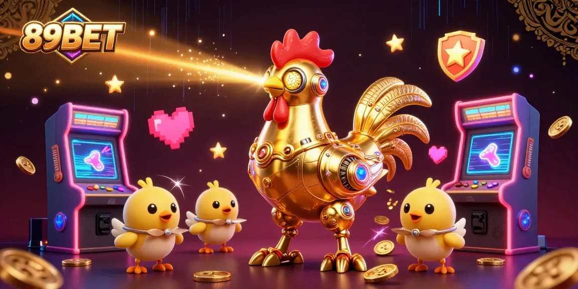 Engage with exciting 89BET gaming action featuring a retro-futuristic golden rooster robot and baby chick drones amidst vibrant arcade elements.