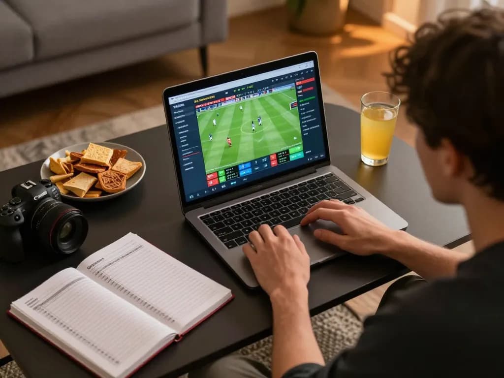 Person placing bets on JUN88, analyzing live odds for soccer matches while enjoying a cozy gaming setup
