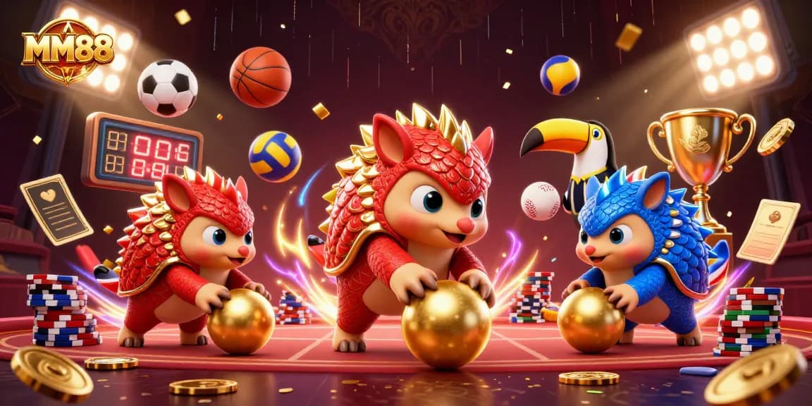Experience thrilling action with MM88 as pangolins bowl through poker chips in a dynamic casino scene.