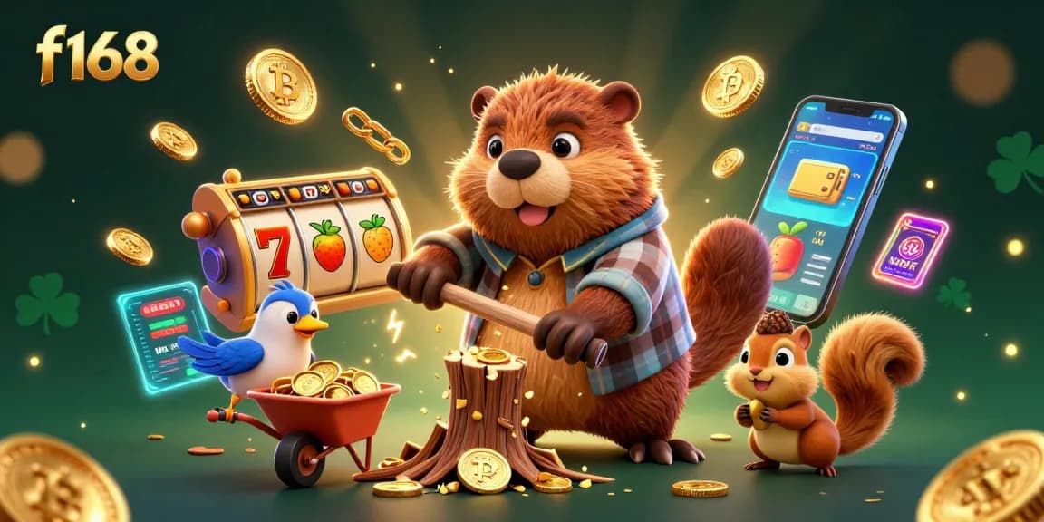 Join the lively adventure at f168, where a beaver collects jackpot rewards surrounded by vibrant gambling elements.