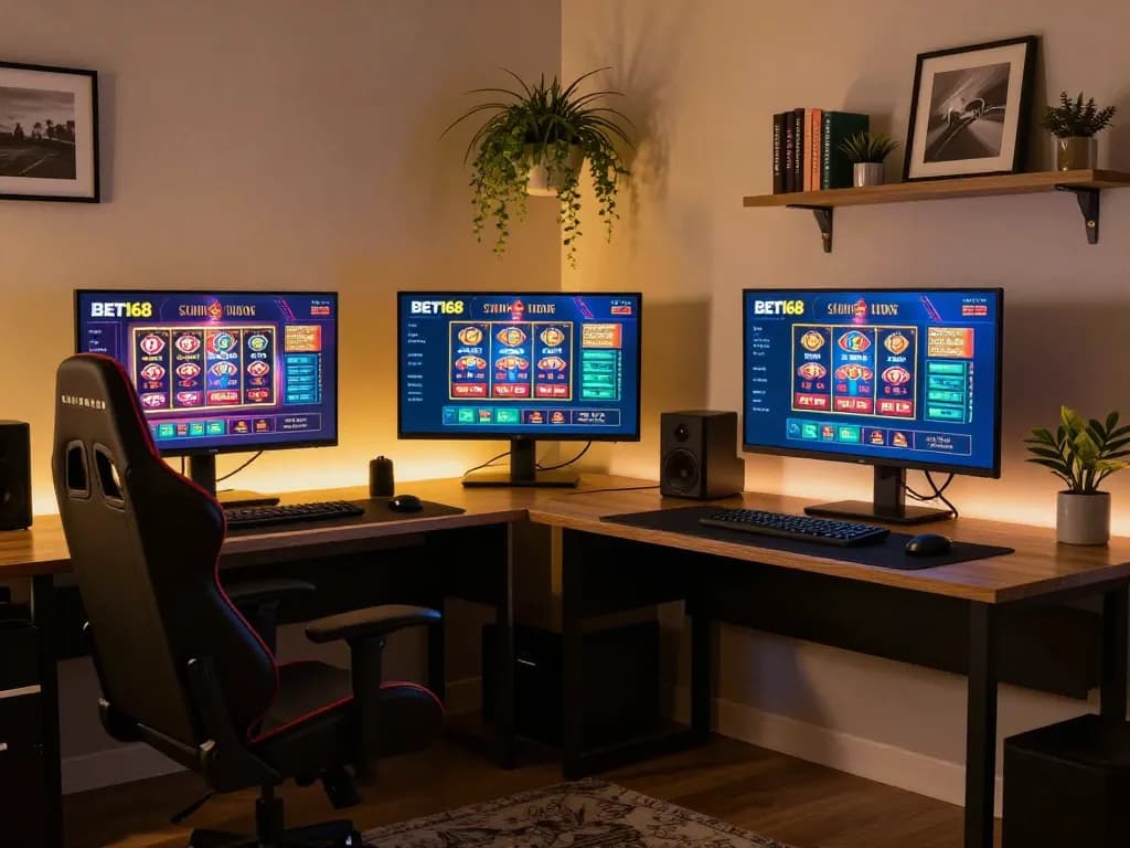 Engaging gaming setup featuring BET168's online casino games on multiple screens in a cozy environment