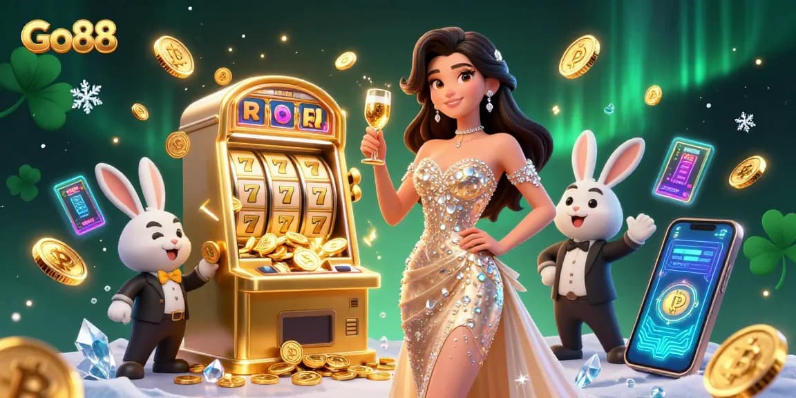 Experience the thrill with Go88's exciting jackpot slot machine and crypto elements amidst festive celebrations.