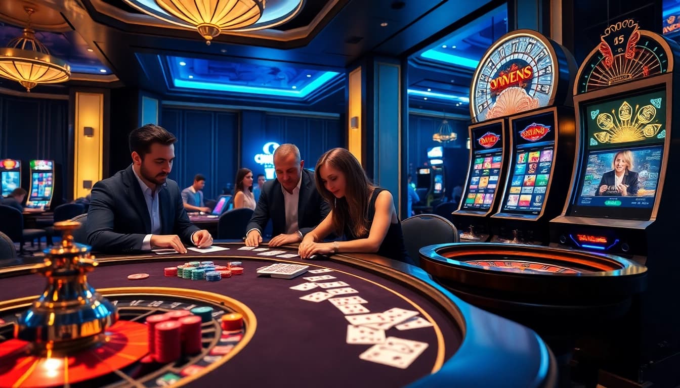 Iwin đổi thưởng table with vibrant poker chips and an elegant roulette wheel, showcasing premium casino vibes.