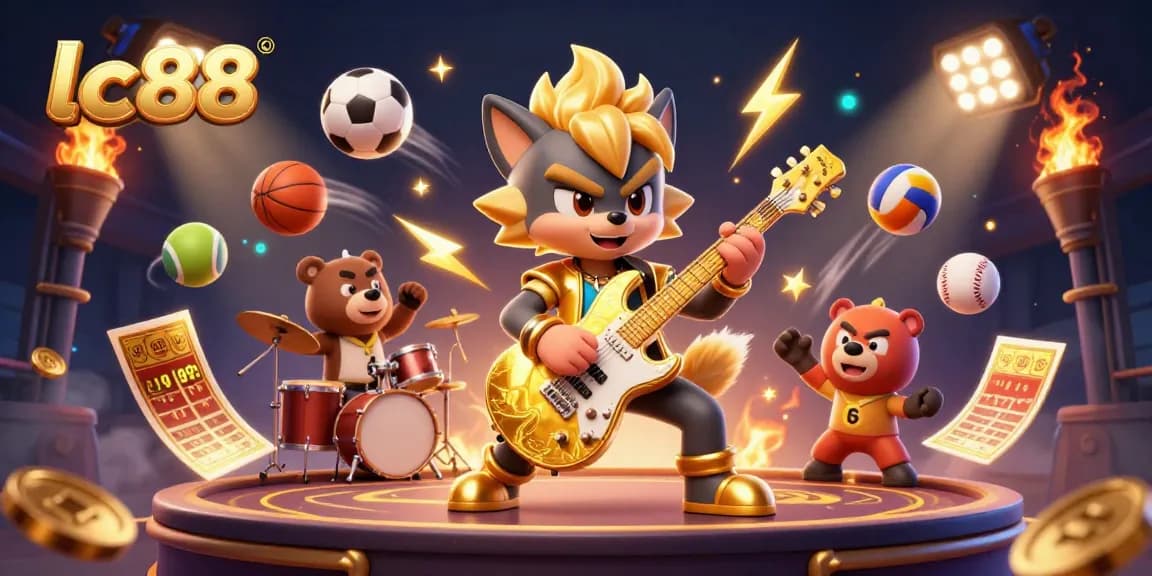 Engage with lc88's vibrant casino scene featuring a rock star wolf and dynamic sports elements in 3D.