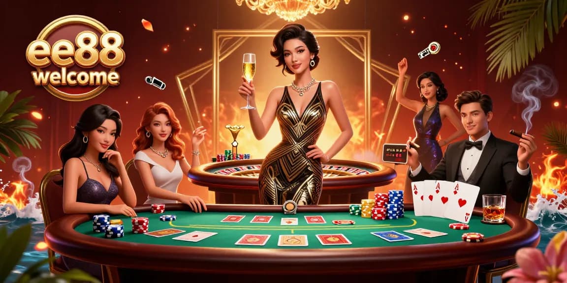 Engage with the vibrant ee88 welcome scene, featuring a glamorous Asian woman celebrating at a lavish casino.