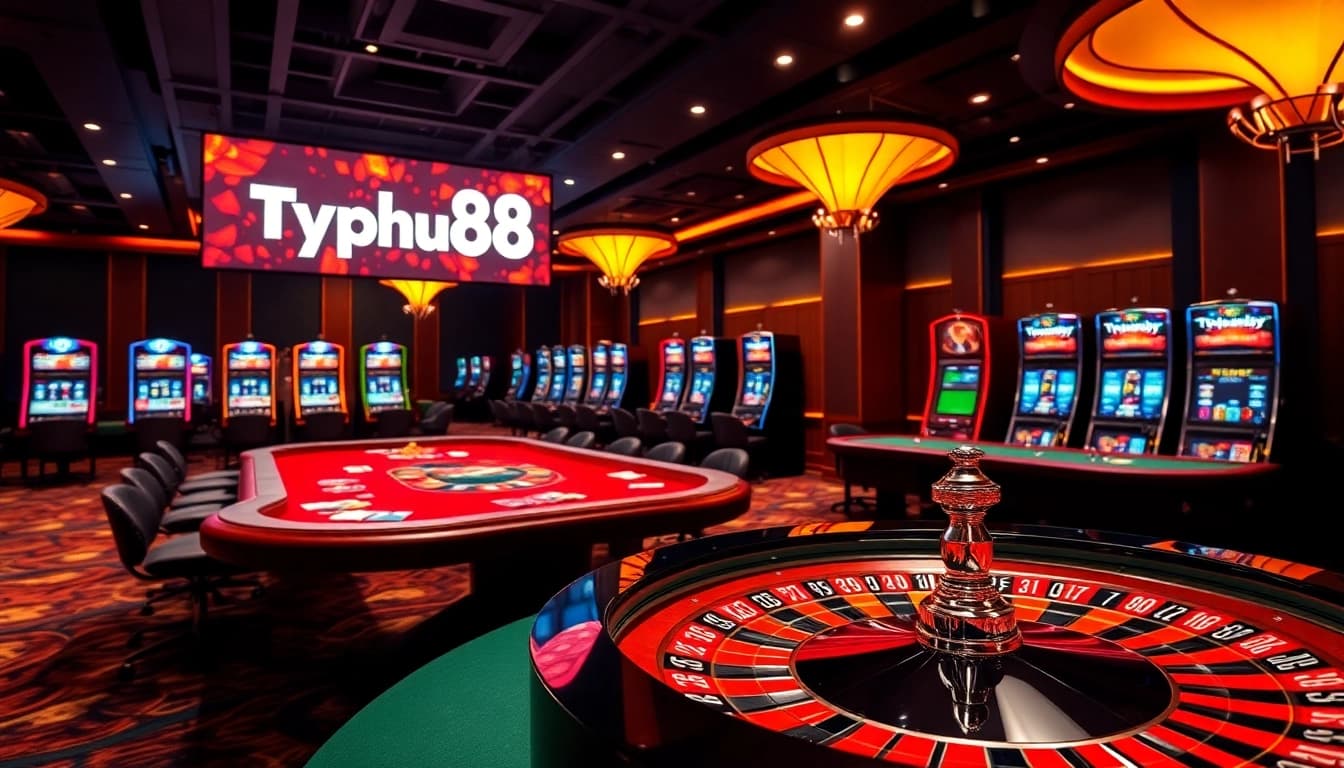 Engaging view of Typhu88 casino floor with roulette wheel, poker tables, and vibrant slot machines.
