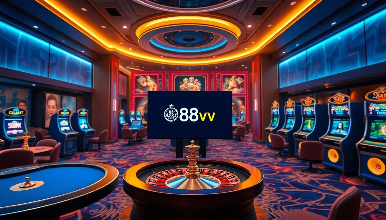 Experience the thrill of gambling at nhà cái 88vv with a vibrant online casino setup, featuring roulette, poker, and slot machines.