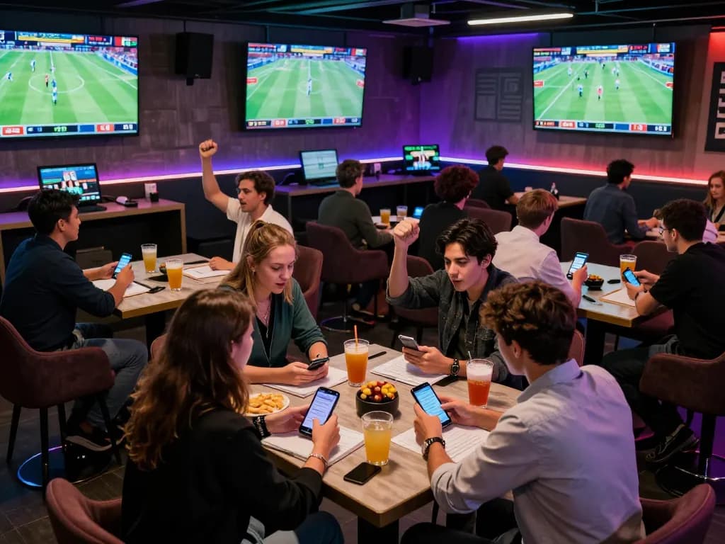 rr88 players strategically betting on live sports matches in a vibrant lounge atmosphere