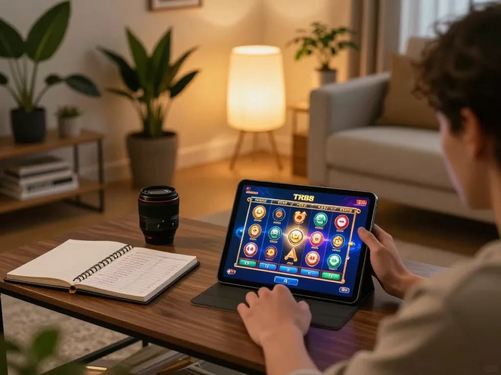 Engaging scene of TR88 gaming on tablet in cozy home setup highlighting responsible gambling