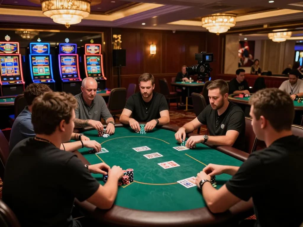 X88 gaming table action with engaged players at a luxurious casino, vibrant poker scene.