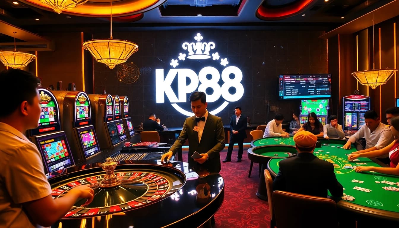 KP88 casino scene with vibrant slots and professional dealer, capturing the excitement of gambling.