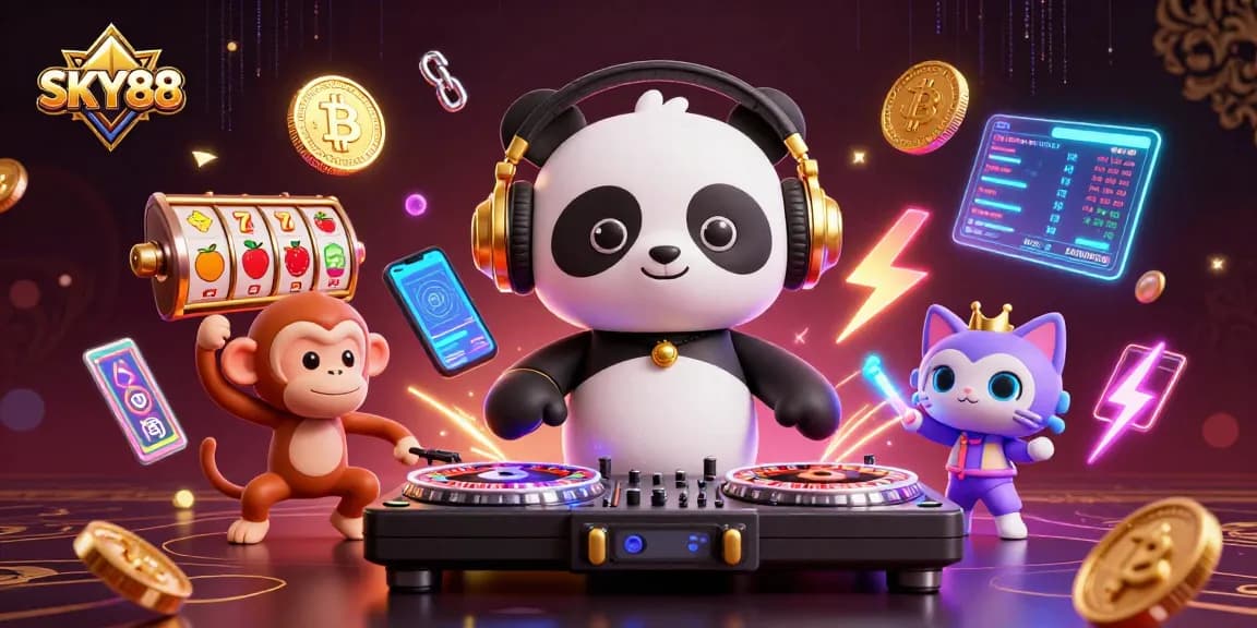 Experience the thrill of SKY88 with vibrant characters and casino elements in a lively gaming atmosphere.