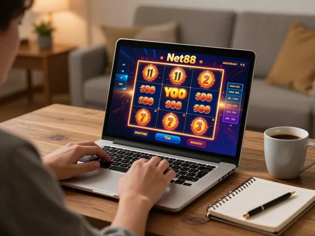 Player enjoying immersive casino games at Net88 from a cozy home office.