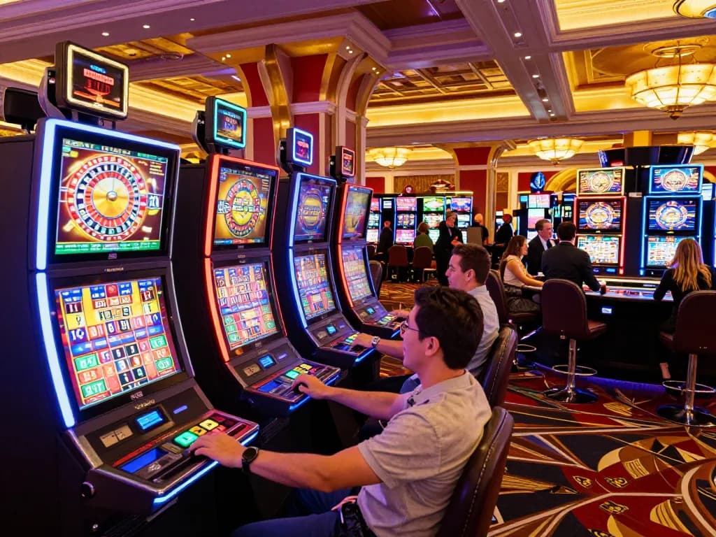 Các người chơi LUCK8 tận hưởng các trò chơi slot và roulettes đầy màu sắc trong không khí sôi động của sòng bạc Vegas